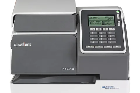 Quadient iX-1 compact mailing system with integrated scale and touchscreen display for small businesses