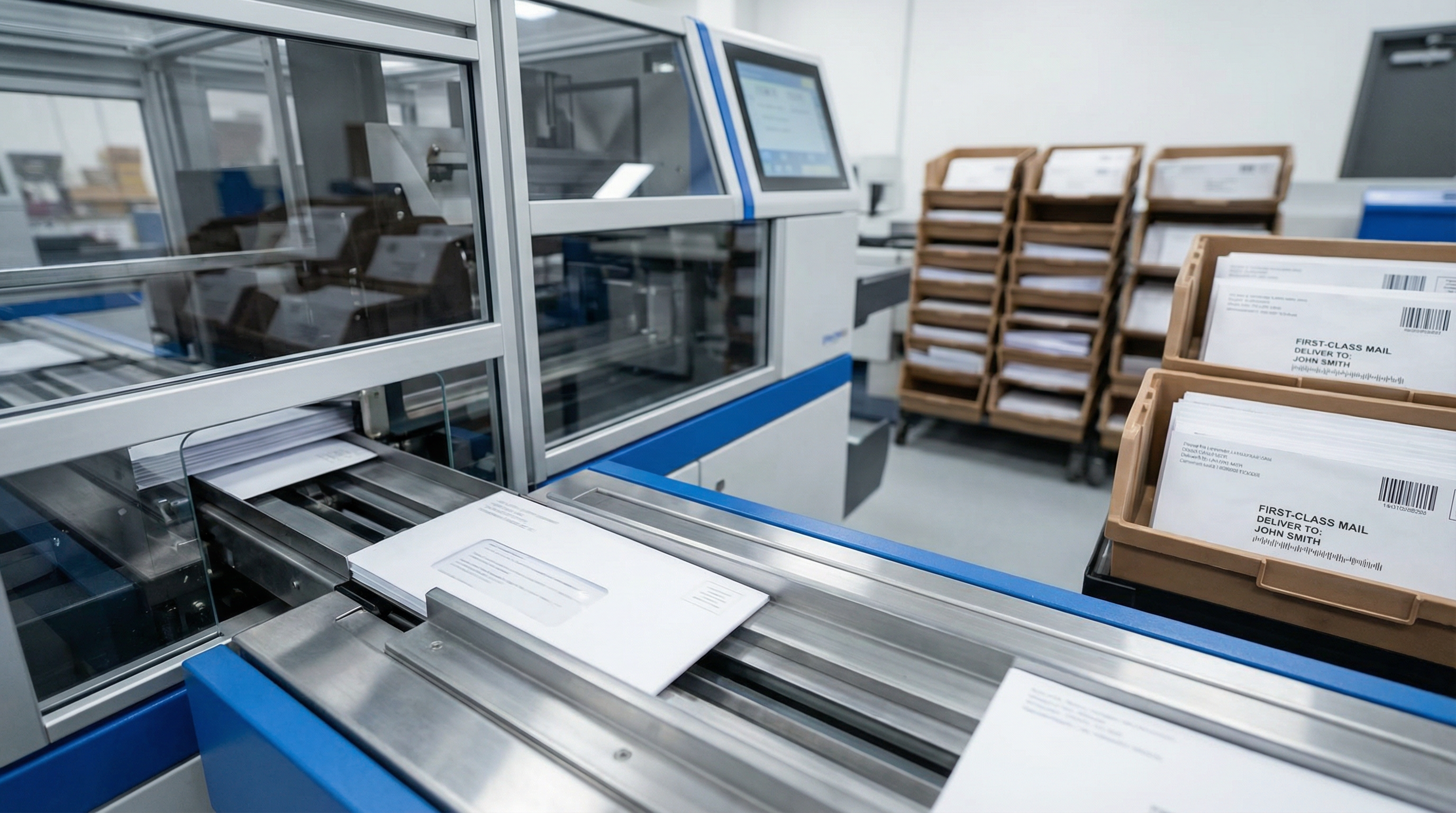 Automated mail inserting equipment processing envelopes with postal trays