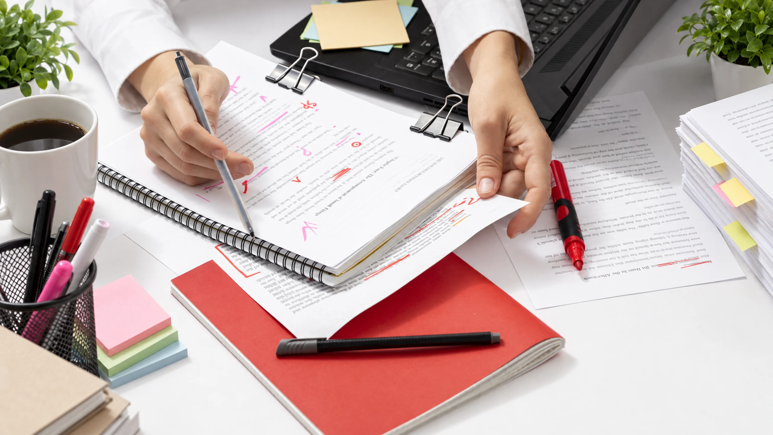 Marketing professional reviewing marked-up printed copy beside a laptop and notes.