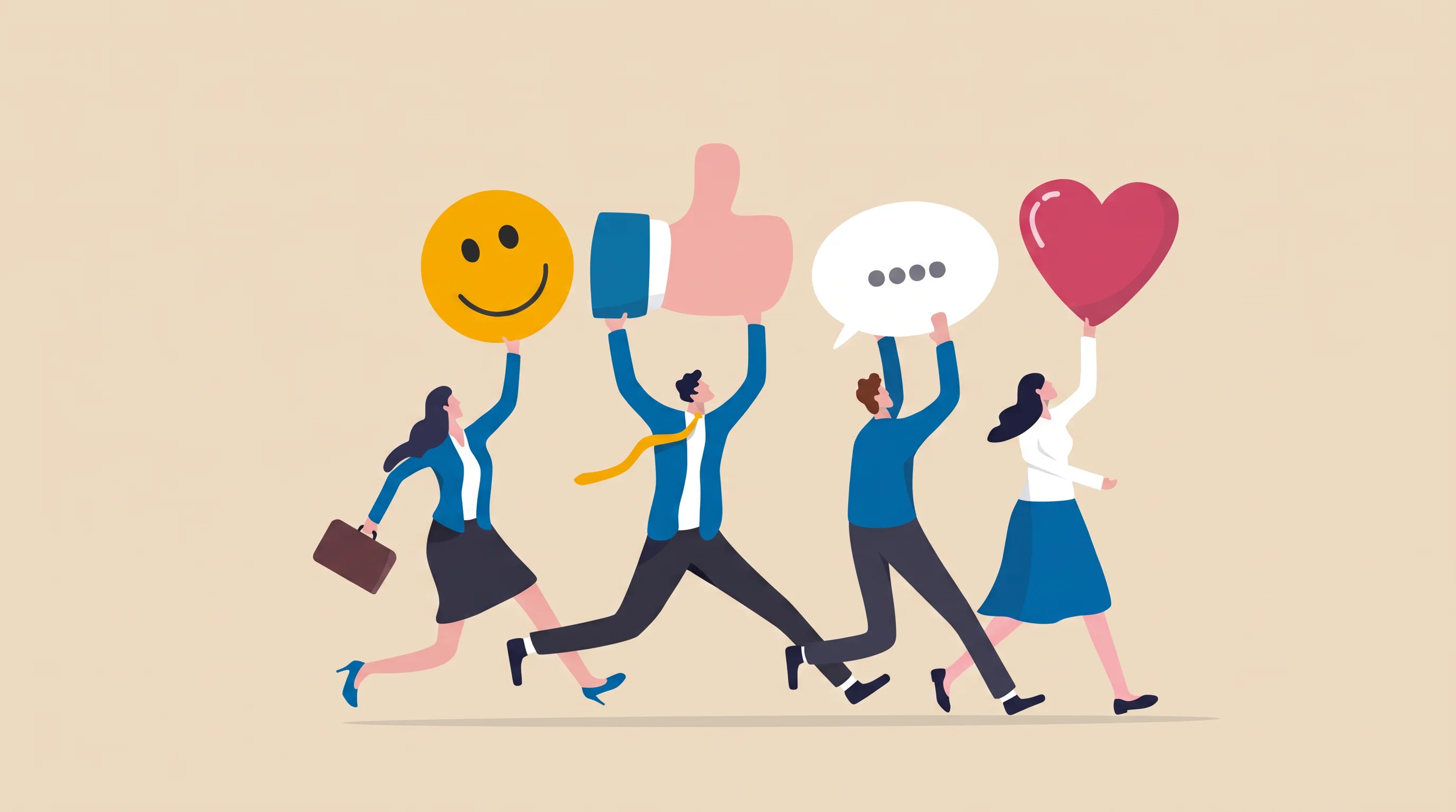 Four people holding symbols for a smile, approval, conversation, and appreciation.