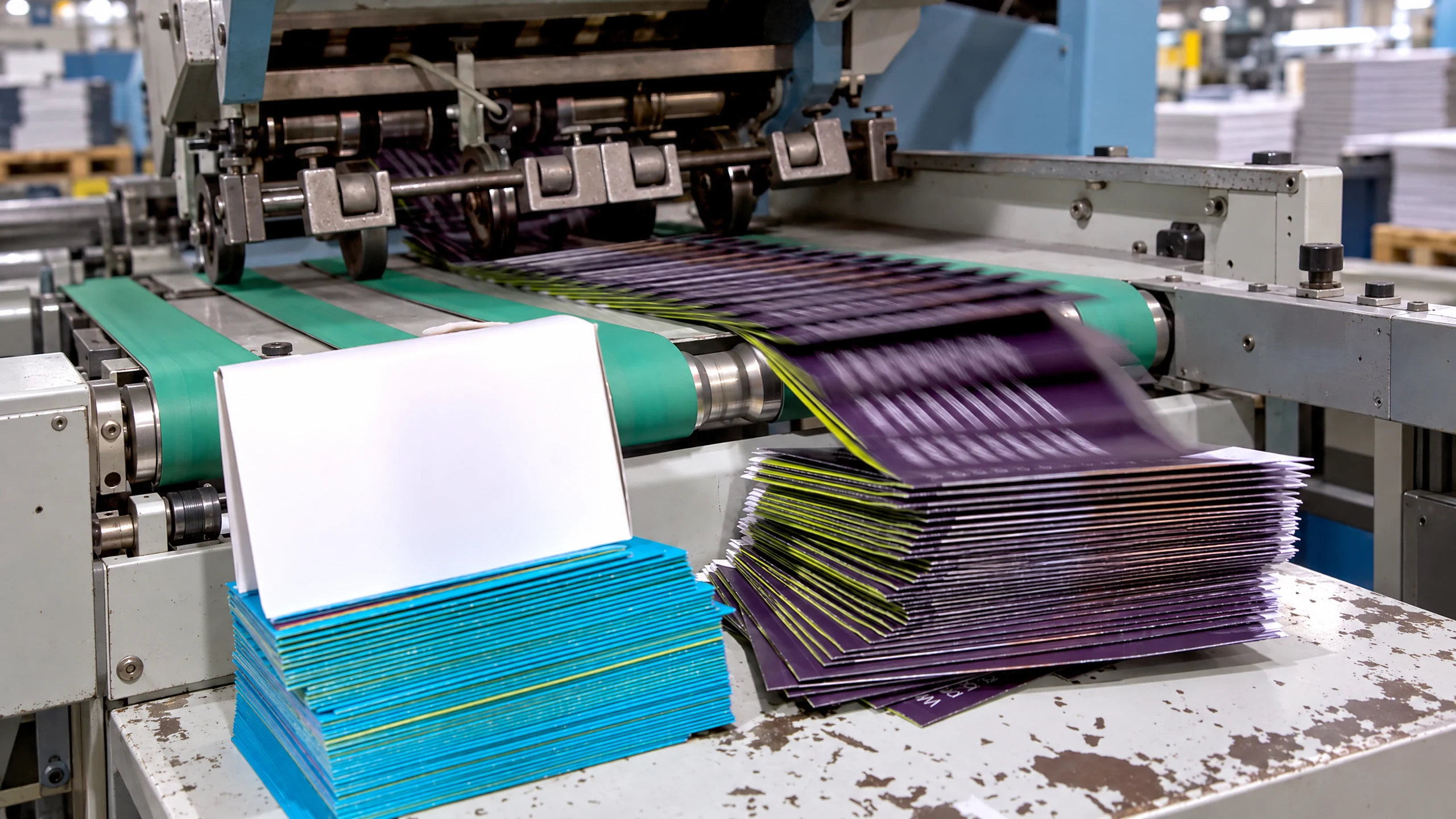 Printed mailpieces moving through production equipment with finished pieces stacked beside the conveyor.